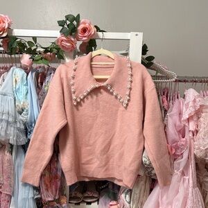 Chicwish Pink V-Neck Sweater with Pearl Details